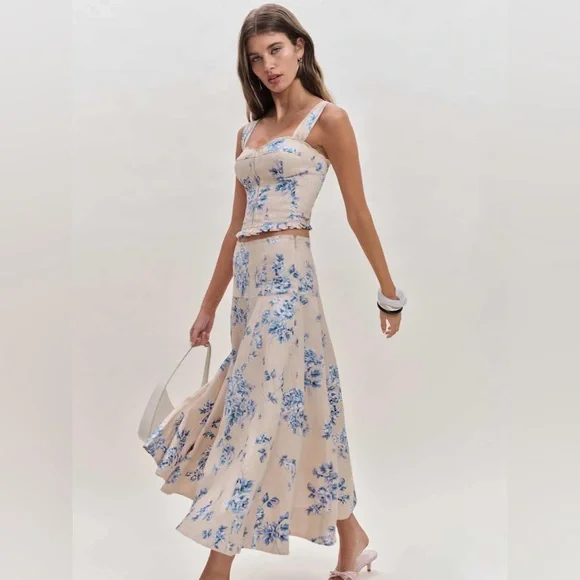 Reformation Beige Floral Midi Dress with Blue Print - Picture 4 of 6